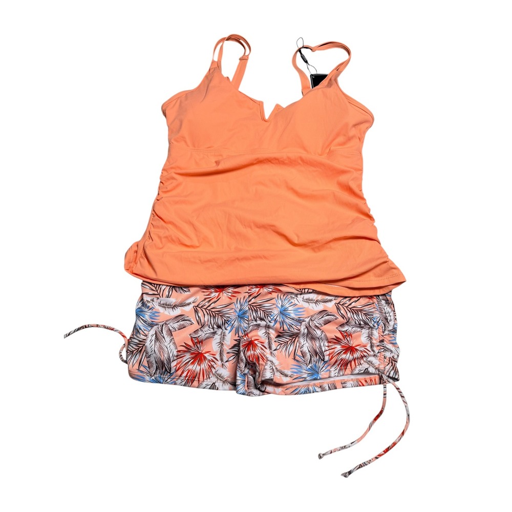 Zaful Womens XL Tankini Set Peach Ribbed Top Tropical Palm Boy Shorts New